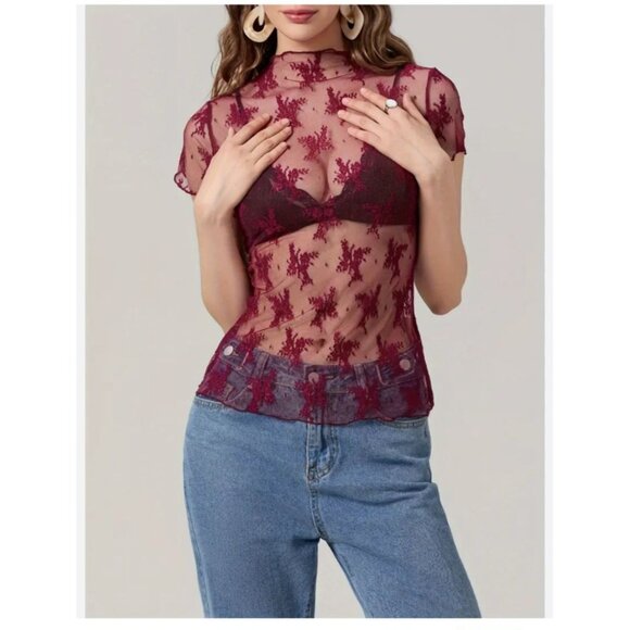 New! Cider Lace Top Red Sheer Short Sleeve Mock Neck XL - Picture 1 of 6